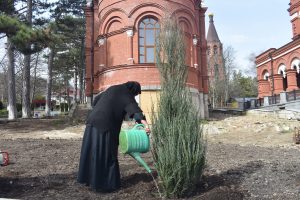 ОЗЕЛЕНЕНИЕ ТЕРРИТОРИИ ВОЗЛЕ ТРОИЦКОГО СОБОРА И КРЕСТИЛКИ В ТОПЛОВСКОМ МОНАСТЫРЕ СИЛАМИ СЕСТЕР И ВОЛОНТЕРОВ